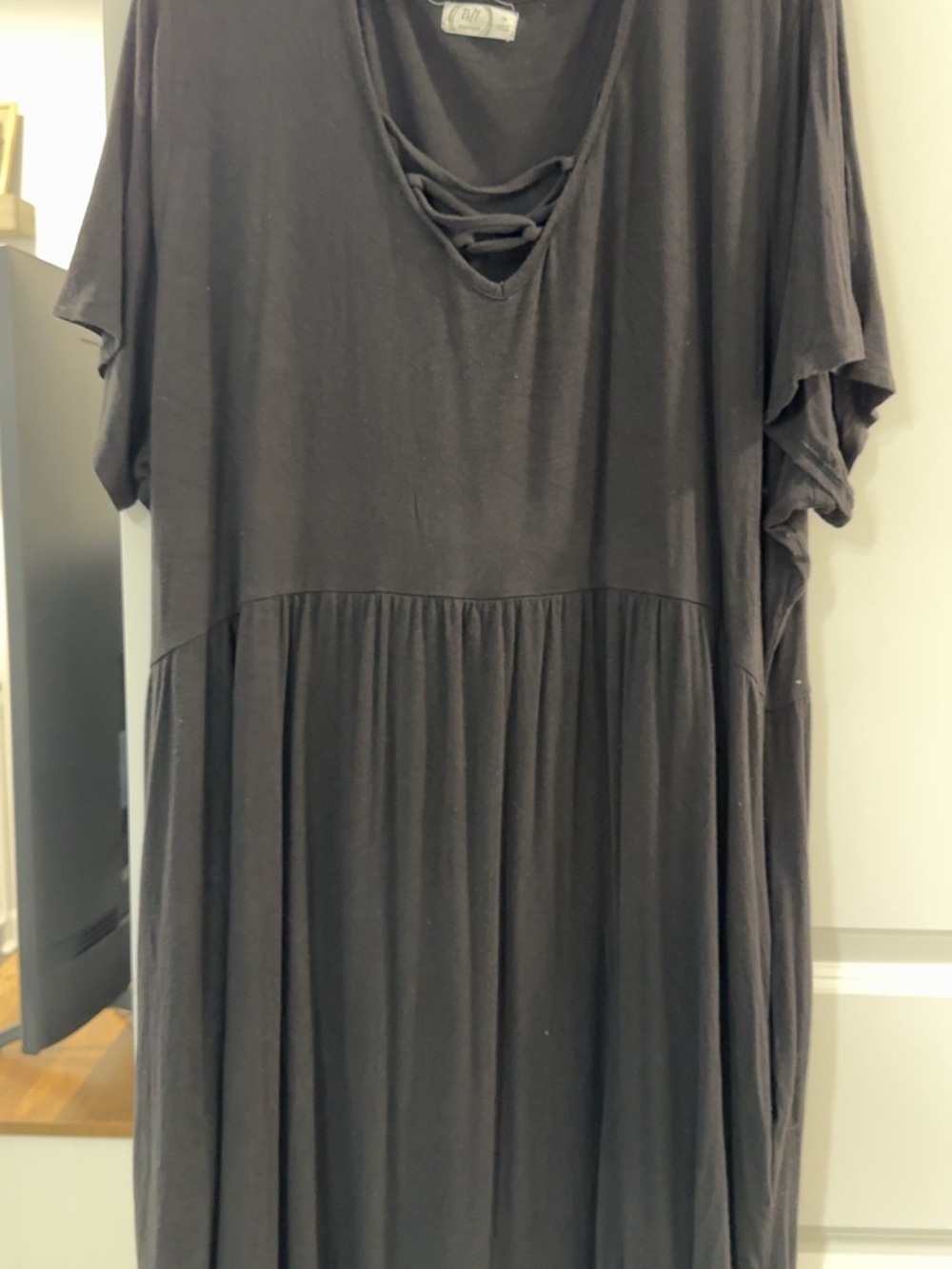 Black Short-Sleeve Babydoll Dress with Lace-Up Neckline - Maurice’s.